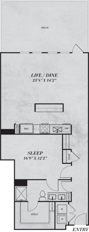 Floor plan for 1 bed, 1 bath, 1081 sqft